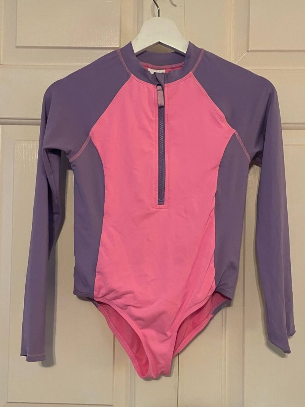 Lands' End Girls L 10-12 Long Sleeve Rashguard Swimsuit | Vibrant Pink Purple